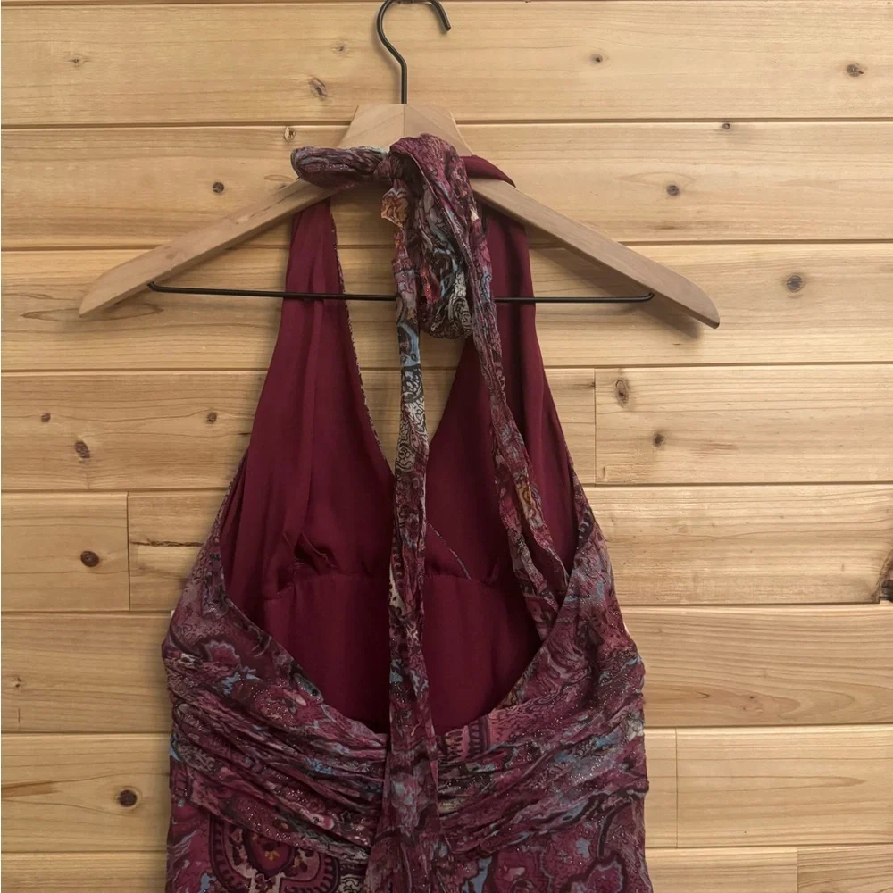Suzi Chin Medium Shimmery Blue Wine Paisley Halter Silk Dress Whimsigoth Boho
